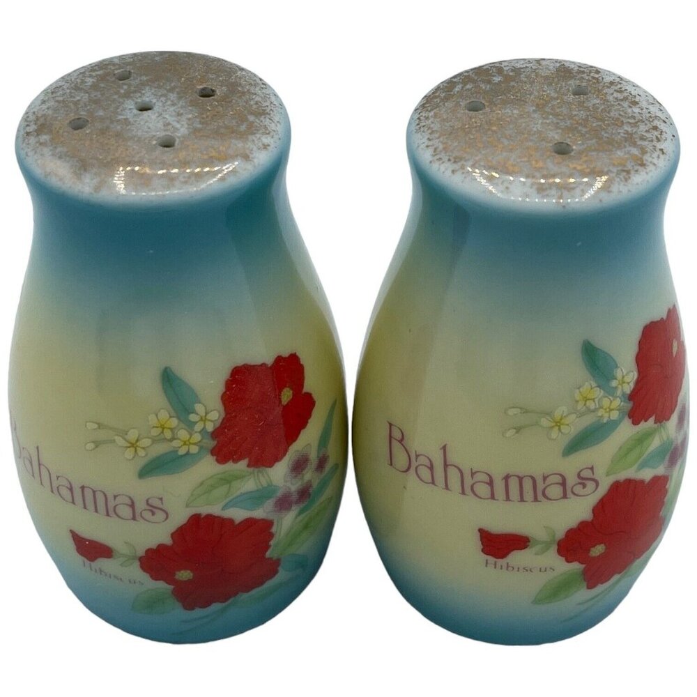 Vintage Salt & Pepper Shaker Set Bahamas Red Hibiscus Floral Souvenir - Picture 5 of 8